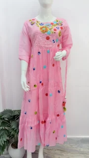 Women's Pink Embroidered Tiered Maxi Dress